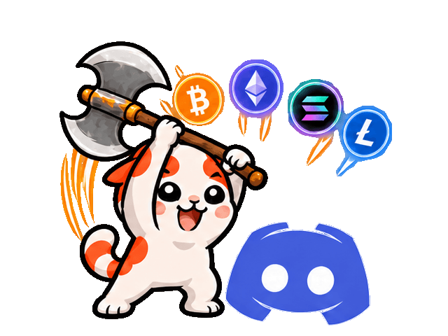 Marsey swings an axe at a Discord logo while crypto emblems watch